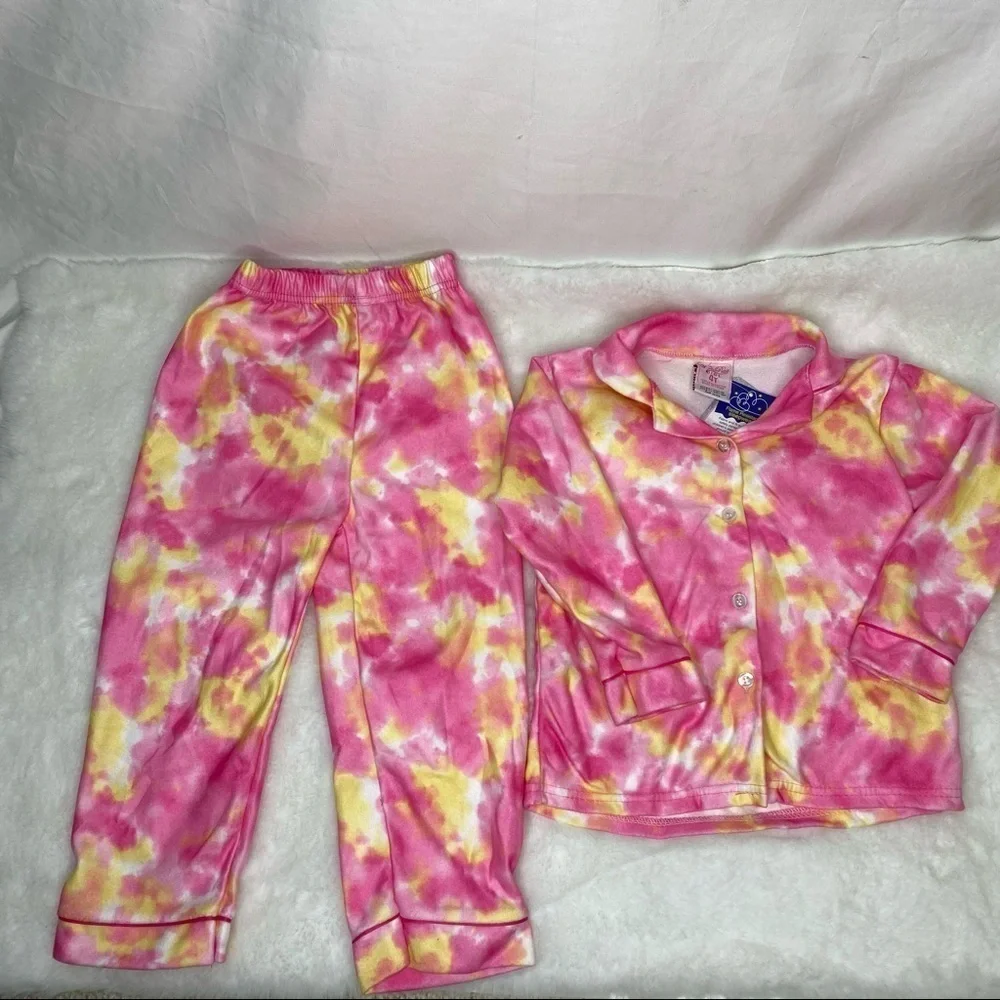 Toddler girl two piece tie dye pajama set pink and yellow size 4T